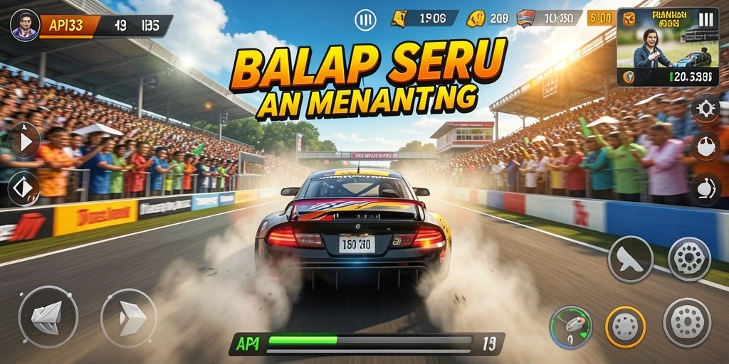 Screenshot gameplay API33 yang menunjukkan aksi balapan seru dan kendaraan cepat.