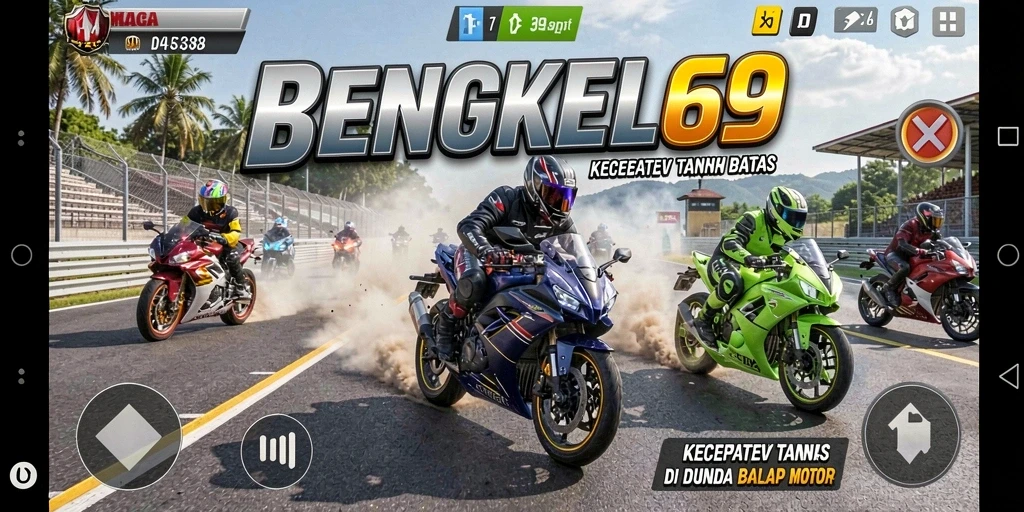 Gameplay BENGKEL69 menampilkan balapan motor yang seru dan menegangkan di berbagai lintasan.
