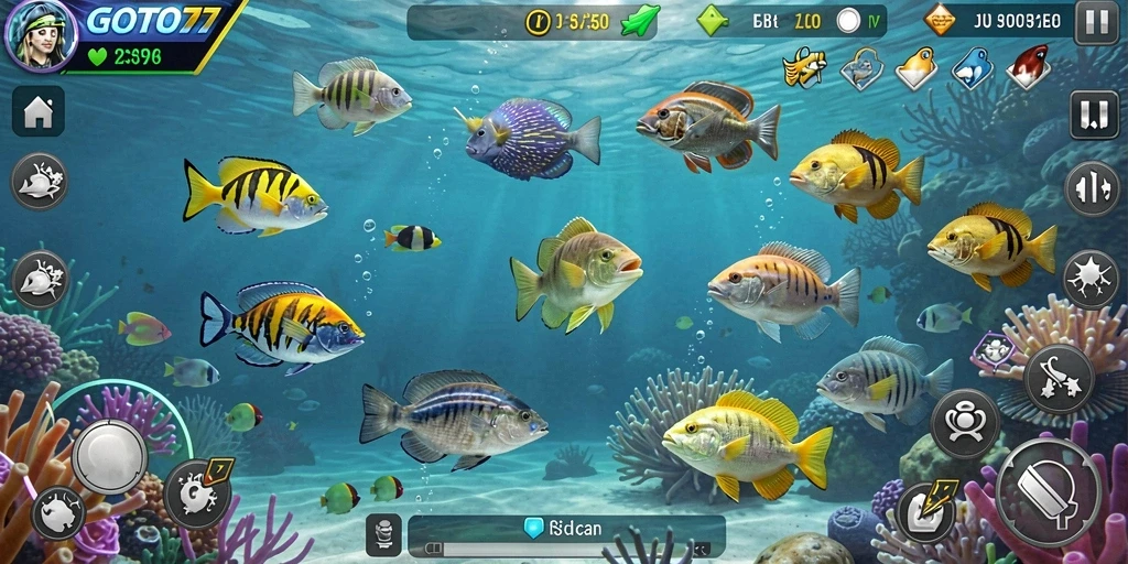 Screenshot gameplay GOTO77 yang menampilkan aksi tembak ikan.