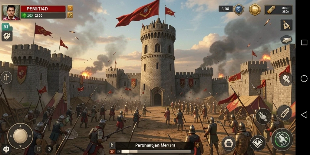 Screenshot gameplay PENITI4D menampilkan menara dan musuh yang sedang bertempur.