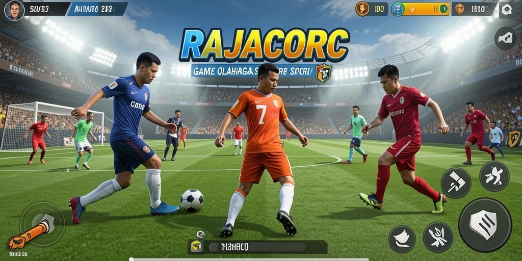 Tampilan gameplay RAJACORC menunjukkan aksi seru dalam pertandingan olahraga.