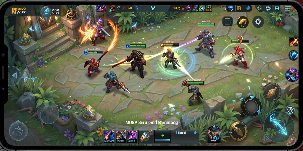 Screenshot menampilkan pertarungan seru dalam game MOBA RPVIP2.
