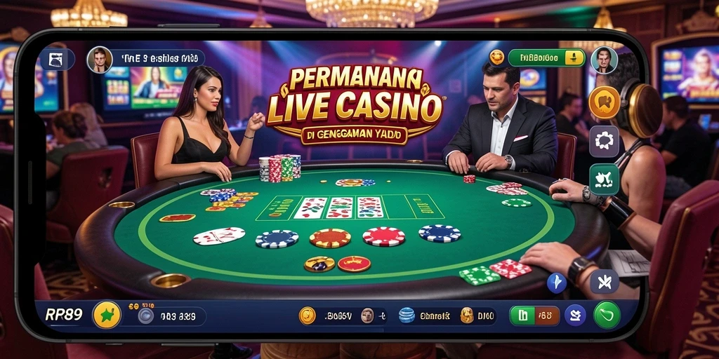 Screenshot menunjukkan dealer profesional dan permainan Live Casino yang menggembirakan.