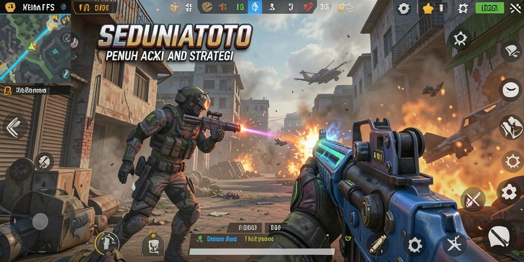 Tampilan gameplay SEDUNIATOTO dengan aksi menembak yang intens.